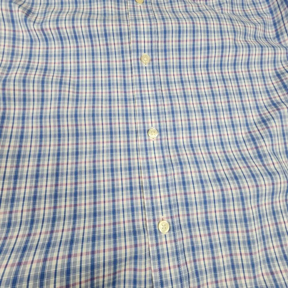 Banana Republic Mens M 15 15.5 Blue Pink Plaid Non Iron Slim Fit Dress Shirt
